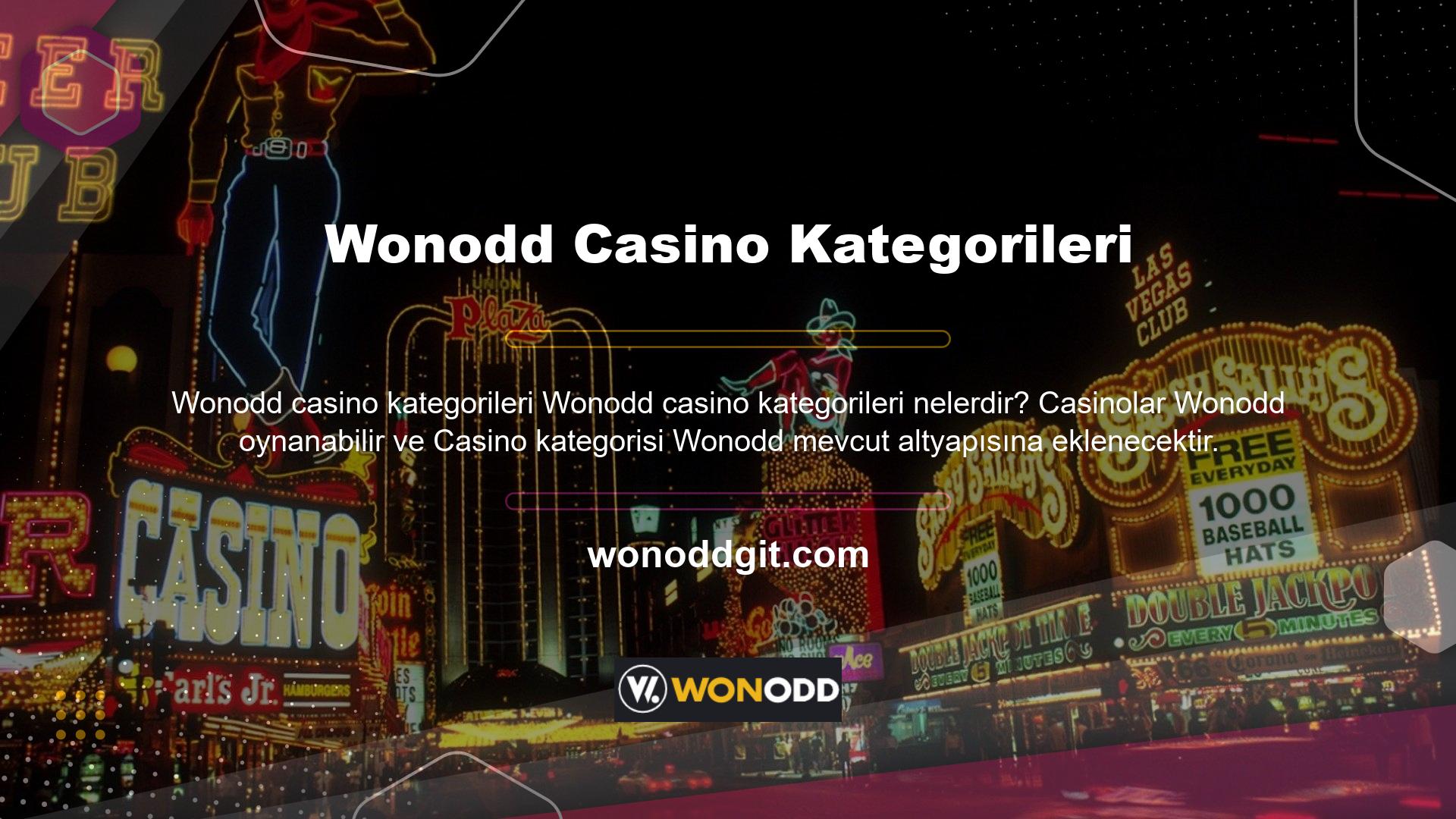 Site, Wonodd farklı casino türlerini göstermektedir